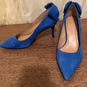 Blue suede bow heels